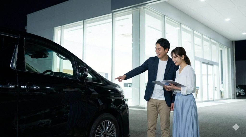 夜、明るく照らされた自動車ディーラーで、憧れの黒い高級ミニバン（アルファード）を指差して笑顔を見せる日本人夫婦。残クレの罠に気づかず購入を検討する様子。