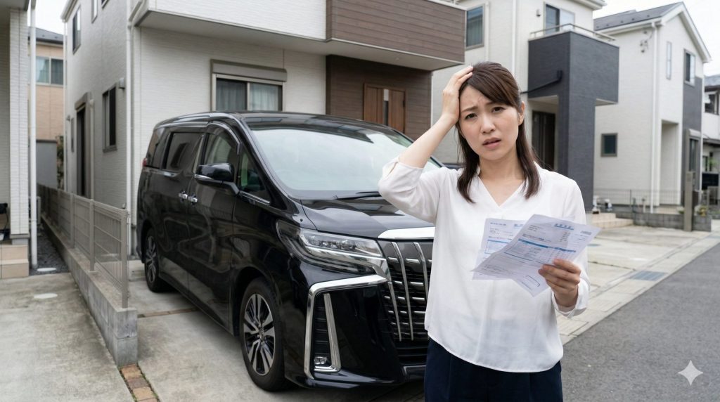 住宅街の駐車場で、黒い大型ミニバンの前に立ち、高額な維持費の請求書を見て頭を抱え、後悔する日本人女性。アルファード維持費問題の現実。