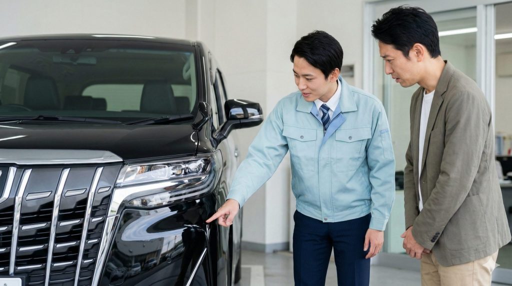 自動車ディーラーの整備工場で、返却された黒いアルファードのバンパーにある小さな傷を指摘する店員と、それを見て落胆する日本人オーナー。残クレ返却時の追加精算のリスク。