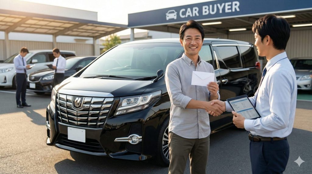 晴れた日の車買取専門店で、査定を終え、黒い高級ミニバンの横で買取業者と笑顔で握手をする日本人オーナー。一括査定で高く売却できた成功体験。
