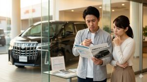 ディーラーでアルファードの残価設定型クレジットについて真剣に悩む日本人夫婦。高級ミニバンの購入資金計画に直面する様子。