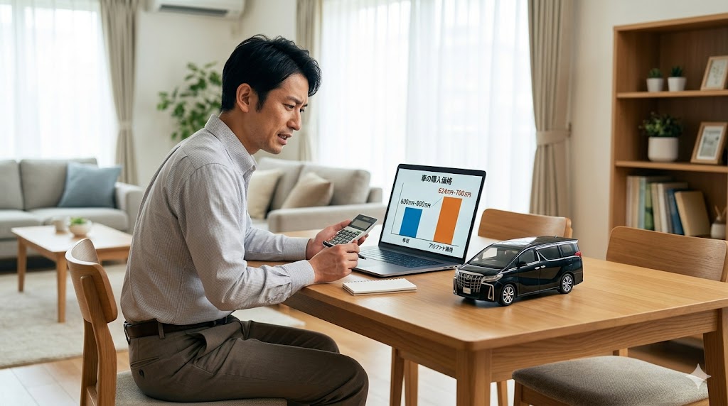 自宅でパソコンの家計管理画面とアルファードの模型を見比べる日本人男性。車の購入価格が年収に対して高額である現実と向き合う様子。