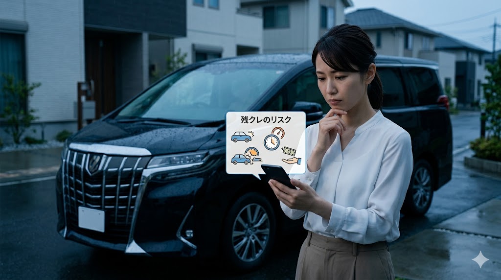 残クレのリスクについて、スマートフォンの画面を見ながら不安げな表情を浮かべる日本人女性。走行距離制限や返却時の追加精算への懸念を表している。