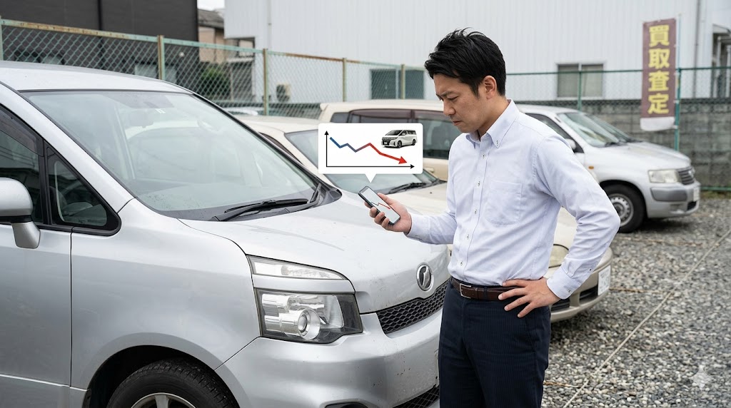 長引く納車待ちの間に、現在の愛車の買取査定額が下落していくことを心配する日本人男性。スマートフォンで価値の推移を確認する様子。