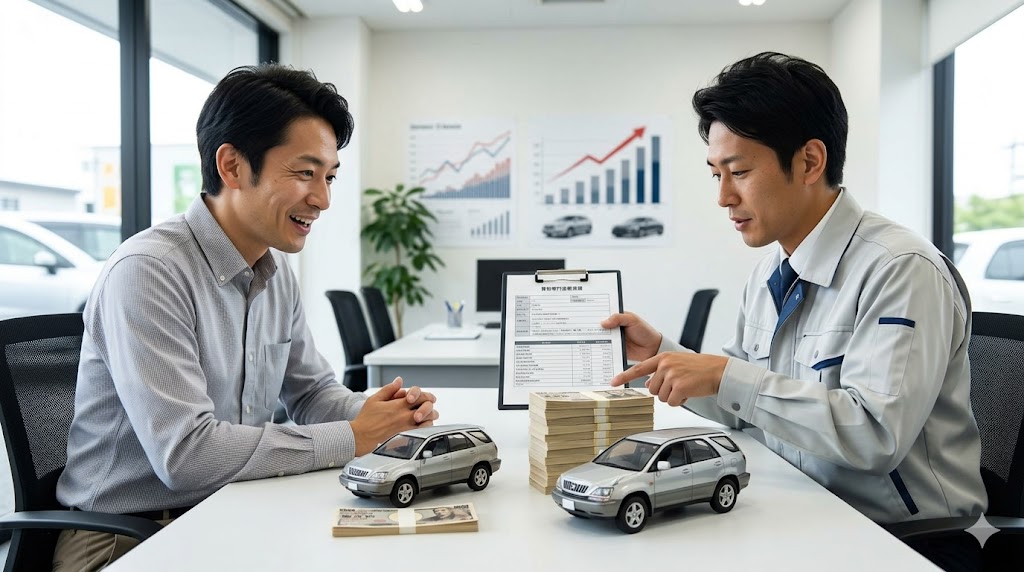 ディーラーでの下取り査定に満足せず、買取専門店の査定額を聞いて驚く日本人男性。提示された金額の差に驚愕する様子。