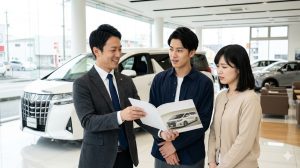 トヨタのディーラーで、日本人夫婦が営業担当者から新型アルファードの残価設定型クレジット（残クレ）について説明を受けている、少し心配そうな表情の様子。