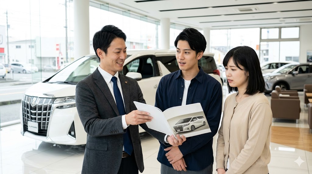 トヨタのディーラーで、日本人夫婦が営業担当者から新型アルファードの残価設定型クレジット（残クレ）について説明を受けている、少し心配そうな表情の様子。