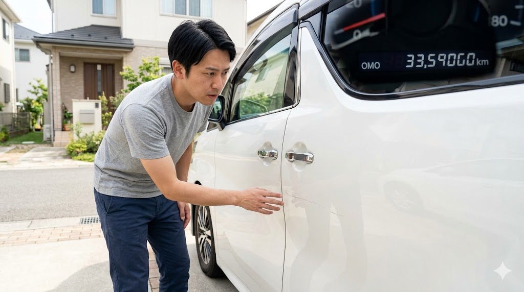 日本の自宅駐車場で、所有するパールホワイトのアルファードについた小さな傷を心配そうに確認する日本人男性。残クレの原状回復義務や走行距離制限を気にする様子。