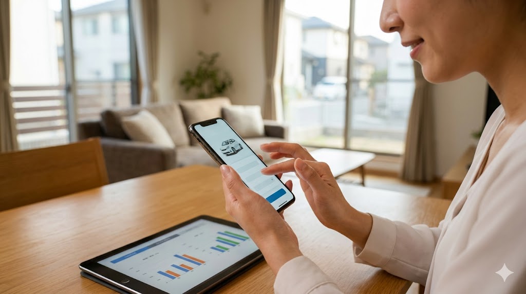 日本の自宅で、スマートフォンの中古車査定アプリ（画面に文字なし）を使ってアルファードの売却価格を調べている日本人女性の手元。ローン地獄からの解決策を模索する様子。