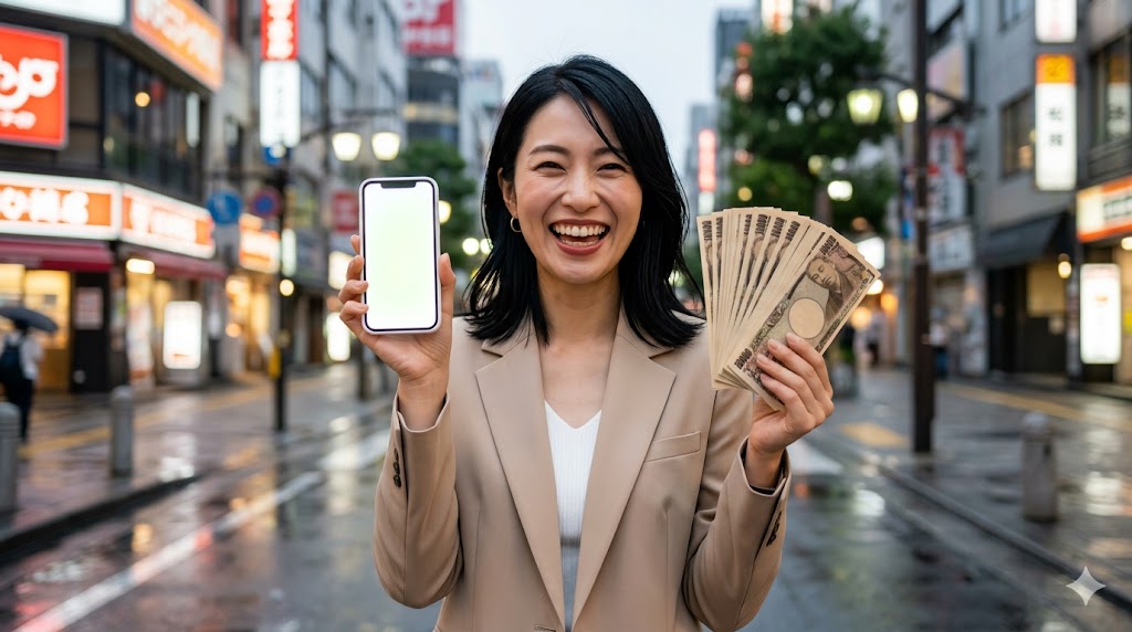日本の街中で、スマートフォンと厚い日本円札の束を持ち、満面の笑みを浮かべる日本人女性。アルファードのリセールバリュー（残価率）の高さと一括査定での高額売却の成功を象徴するシーン。