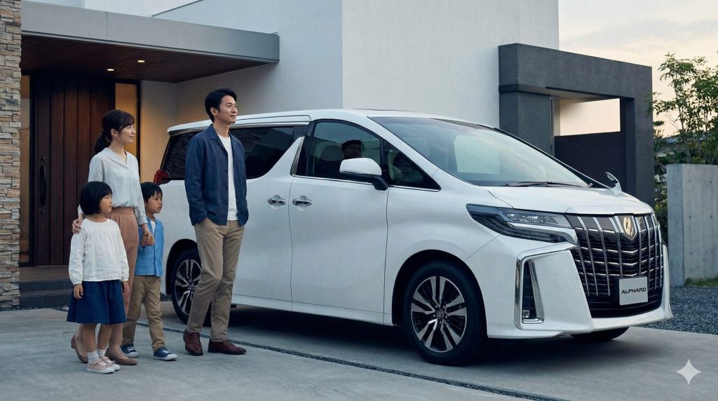 高級ミニバン、トヨタ アルファードの前に佇む日本人ファミリー。残クレでの購入を検討するパパの少し不安げな、しかし憧れを抱く表情。
