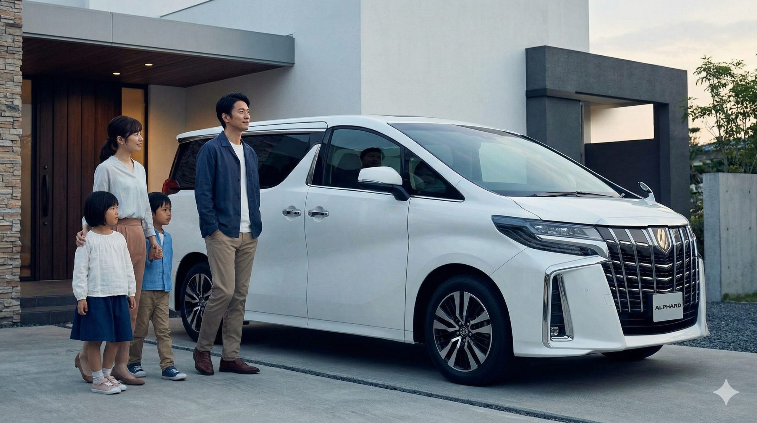 高級ミニバン、トヨタ アルファードの前に佇む日本人ファミリー。残クレでの購入を検討するパパの少し不安げな、しかし憧れを抱く表情。