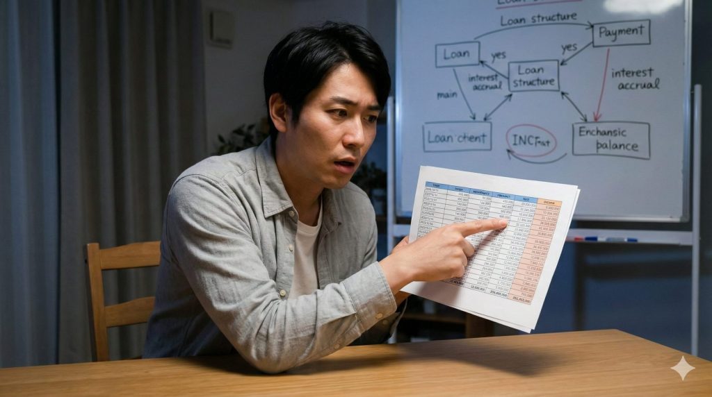 自宅のデスクで、残クレの月々の支払額ではなく、総支払利息の多さに気づき、青ざめる日本人男性。シミュレーション結果が書かれた書類を指差している。