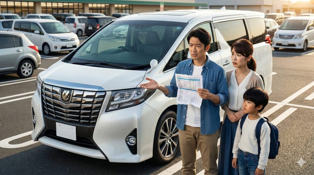 郊外の駐車場で、所有するアルファードを前に、維持費（税金、保険、ガソリン代、タイヤ代）の計算書を見て頭を抱える日本人ファミリー。家計への重圧を感じている