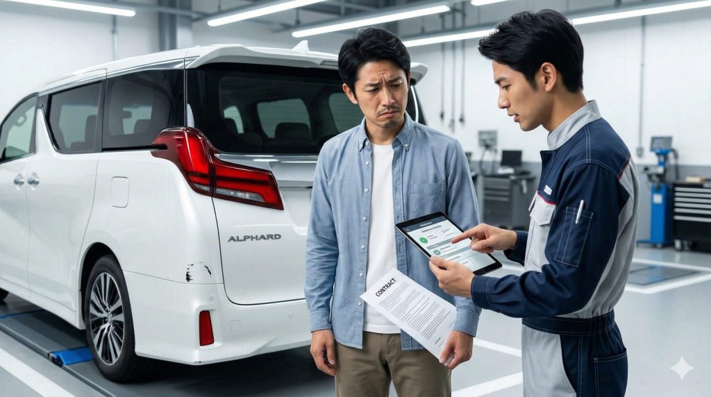 ディーラーの返却検査場で、アルファードの小さな傷（査定落ち）を指摘され、追加精算金の発生に肩を落とす日本人男性。契約終了時の厳しい現実。