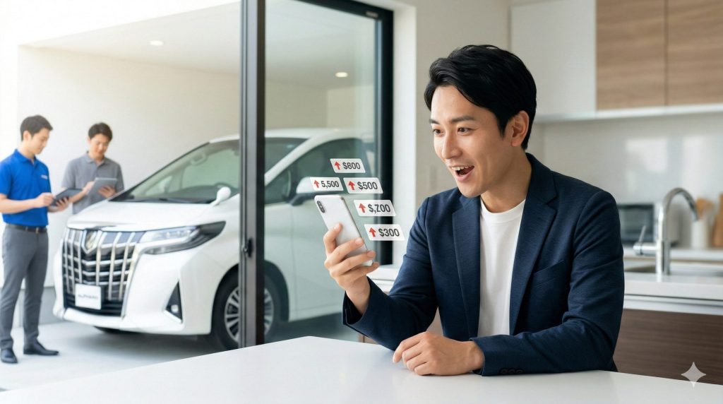 自宅のキッチンカウンターで、スマートフォンの一括査定アプリ画面を見て驚く日本人男性。画面には複数の買取業者からの高額な査定額（上向き矢印付き）が表示され、ガレージのアルファードを指差している。