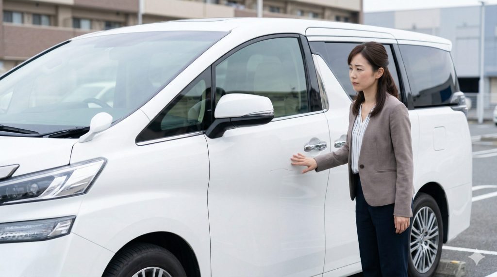 白い高級ミニバンの横で、ドアの傷を気にする日本人女性。残クレ購入による精神的なプレッシャーと世間の誤解を表している。