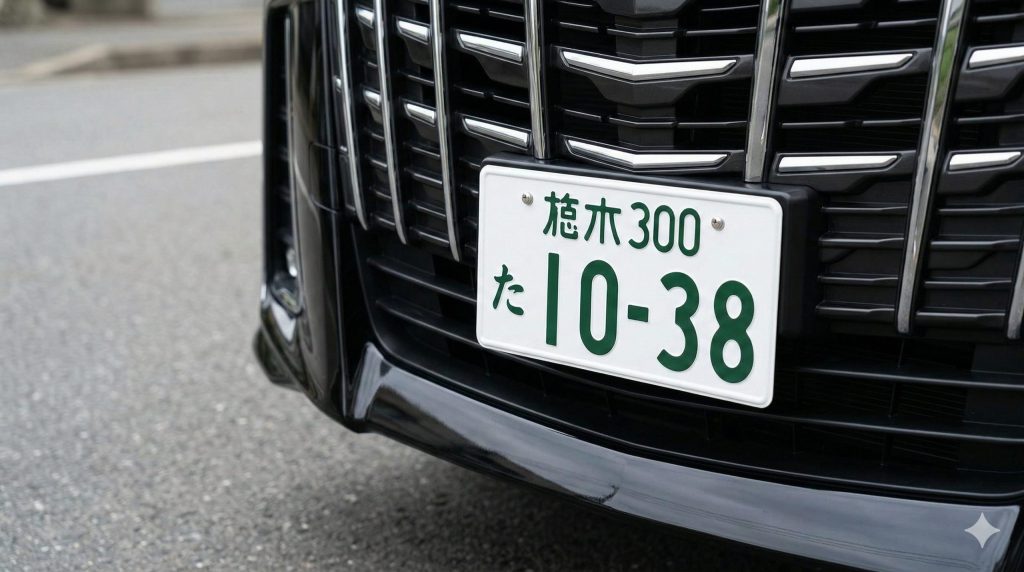 黒い高級ミニバンに取り付けられた、日本の標準的なナンバープレートの接写。ひらがながレンタカー用の「わ」や「れ」ではないことを示し、外観からの識別が不可能であることを証明している。