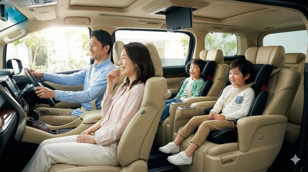 快適な高級ミニバンの車内で笑顔で過ごす、日本人家族4人。残クレを利用してキャッシュフローを管理し、家族の生活の質を最大化する選択を表している。