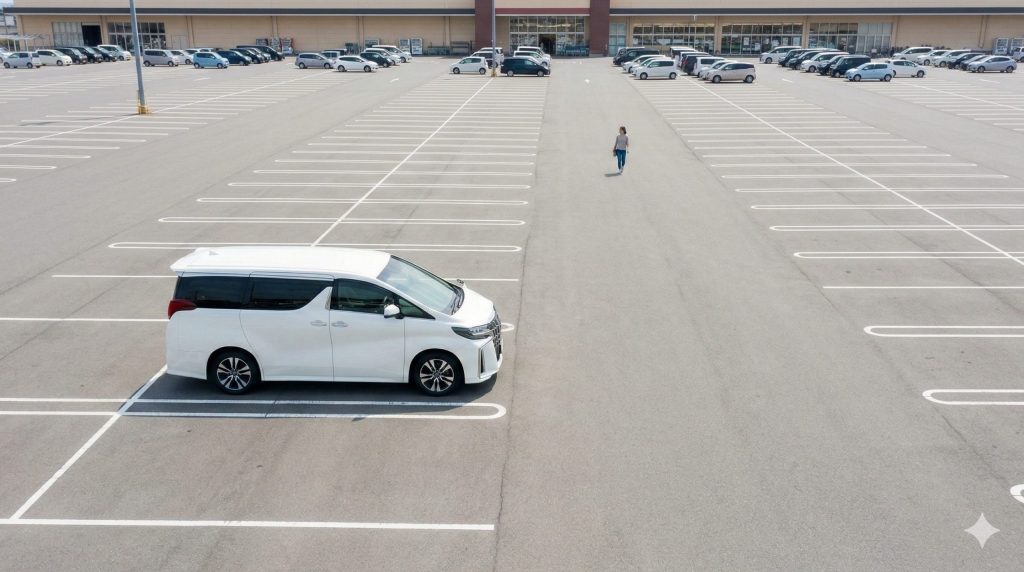 広大なスーパーの駐車場の端、周りに誰も停めていない場所にポツンと停められた、ピカピカの白い高級ミニバン。ドアパンチを恐れる残クレオーナー特有の行動を表している。