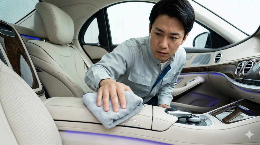 返却時の減額ペナルティを恐れ、神経質に内装を掃除する残クレオーナーの手元