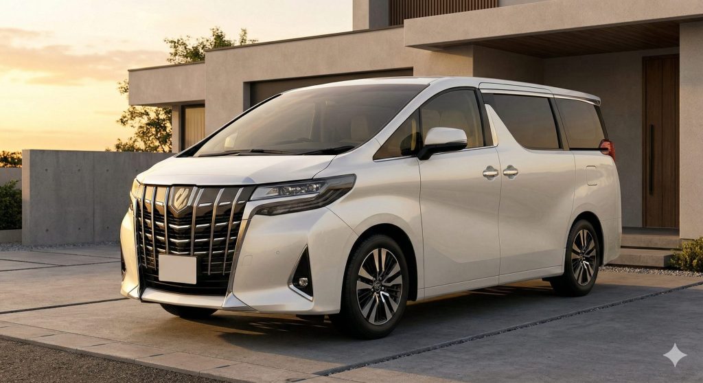 夕暮れ時の住宅街に停まる、ステータスの象徴としての高級ミニバン・アルファードのイメージ画像