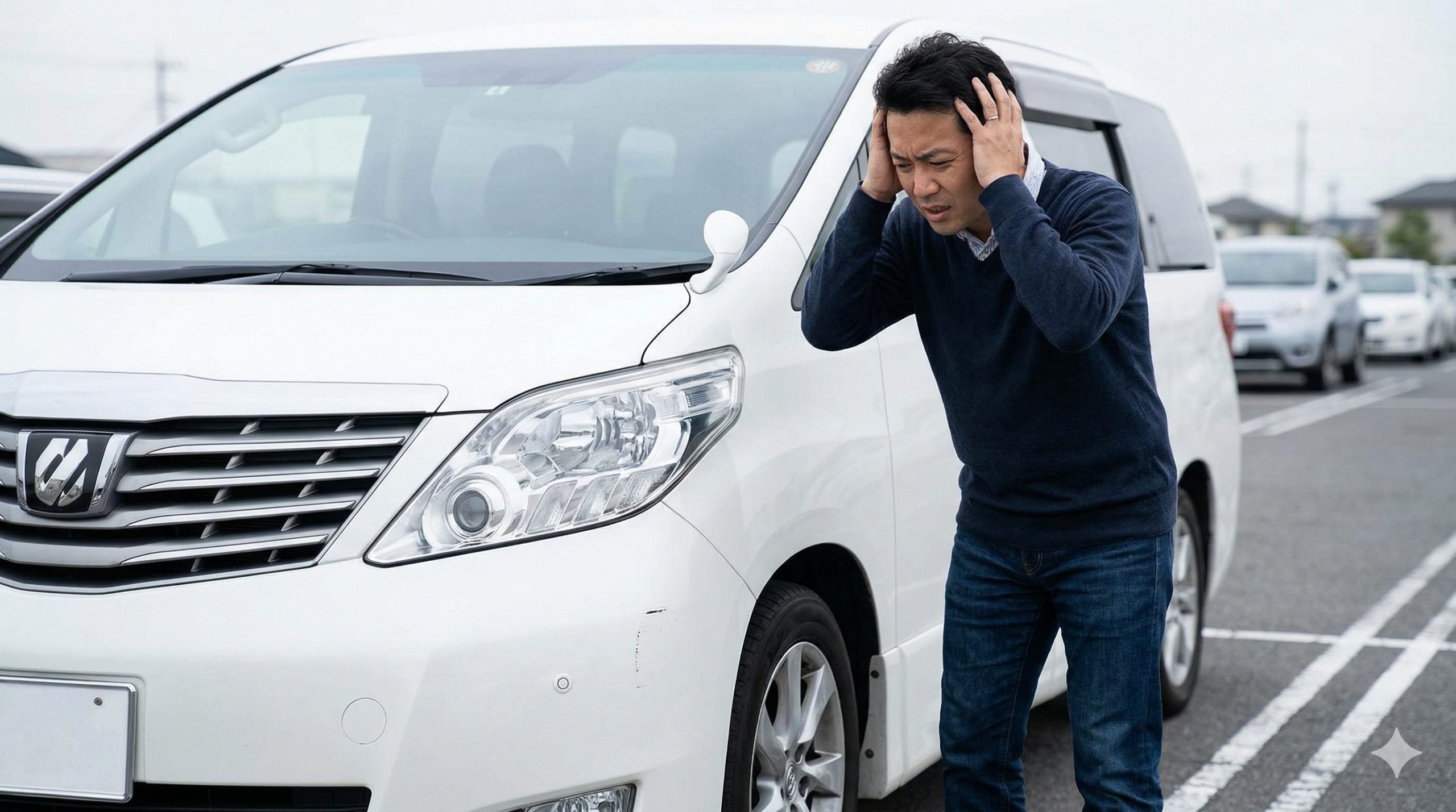 残クレで購入したアルファードの傷を見て頭を抱える日本人男性オーナー。事故による査定減少への不安を表現。