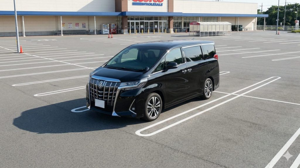 他車との接触やドアパンチを避けるため、スーパーの駐車場で遠くの端に停車する黒いアルファード。残クレオーナーの防衛行動。