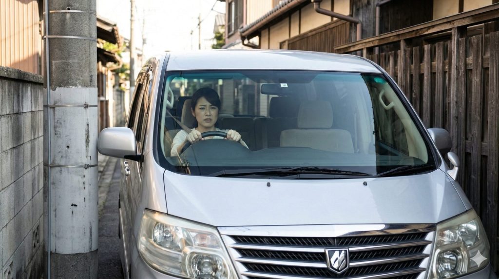 修復歴がつくのを恐れ、日本の狭い住宅街の路地を慎重に運転するアルファードの女性ドライバー。電柱ギリギリの走行。