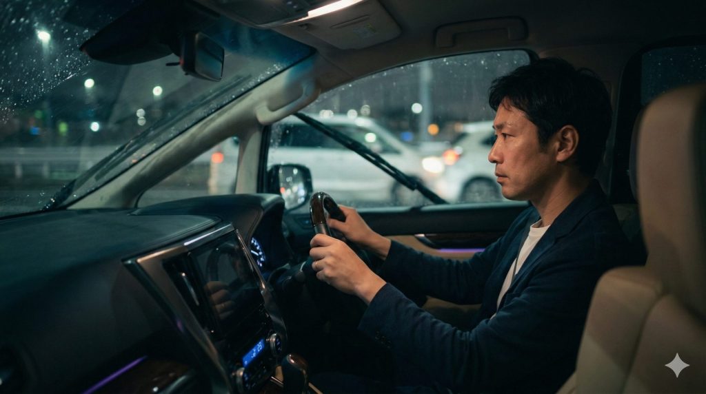 雨天時の高速道路を慎重に運転する日本人男性ドライバー。残クレ契約中のアルファードを全損事故から守るための高い安全意識。