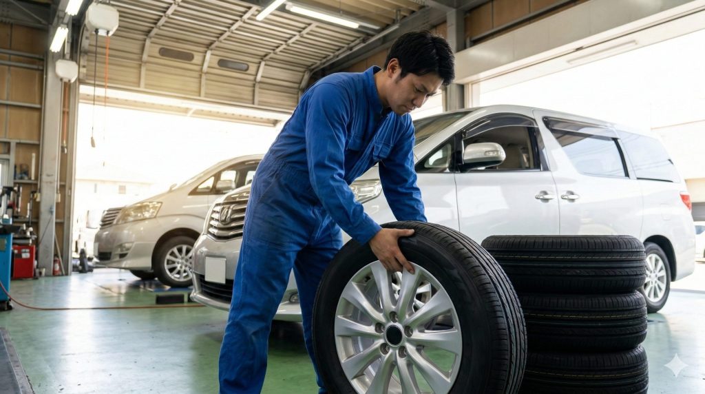 整備工場でアルファードのタイヤをアジアンタイヤに交換する日本人整備士。維持費を抑えるための賢い選択。